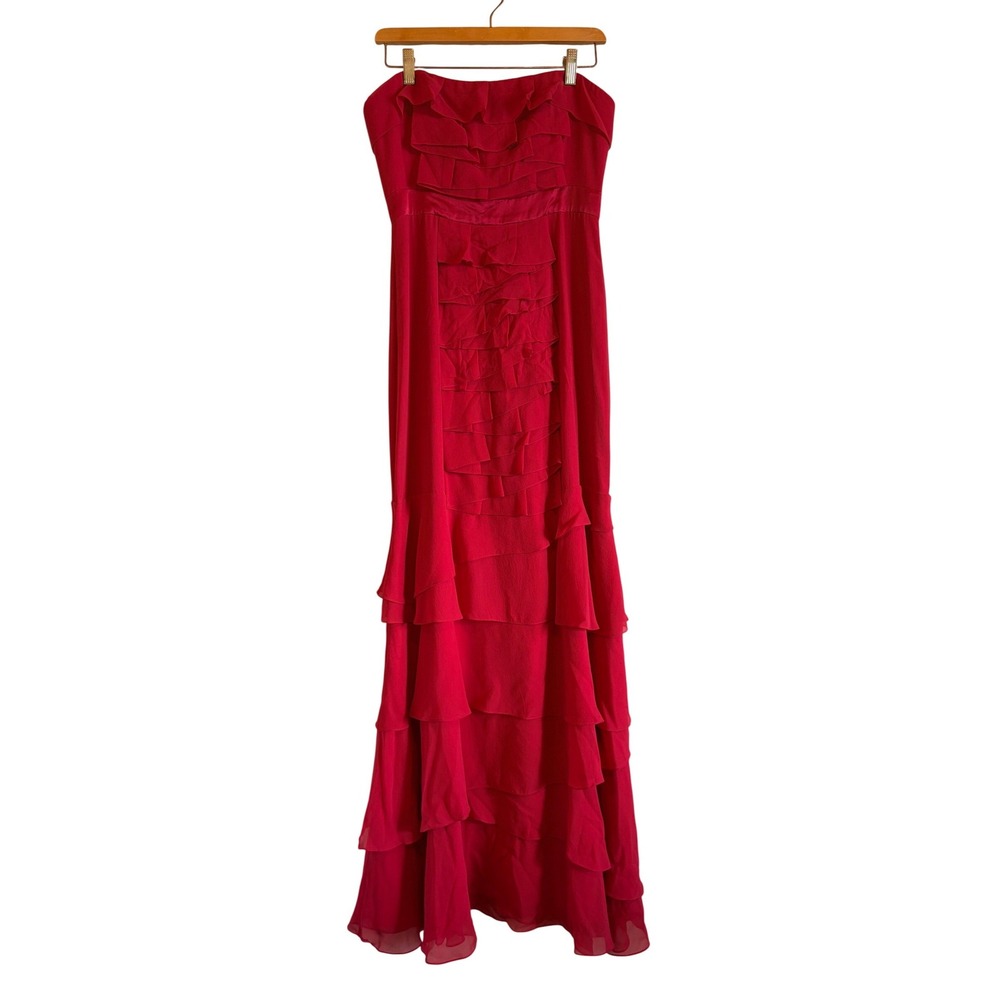 BCBGMaxazria Red Silk Gown Strapless Ruffle Tiered Formal Dress Y2K 100% Silk - Picture 2 of 16
